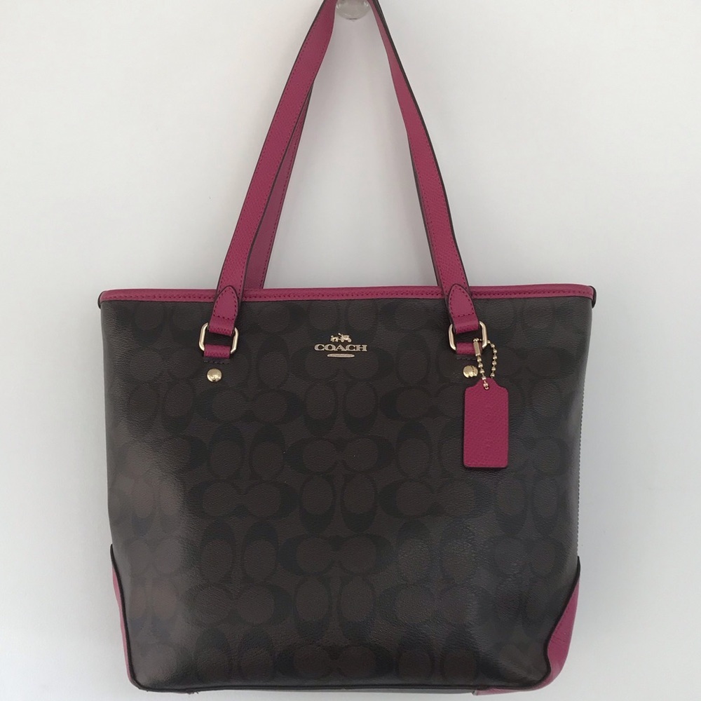 Coach City Tote Bag in Signature Coated Canvas with magenta leather accents